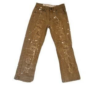 Kids Brown Distressed Jeans with Paint-Splatter Detail